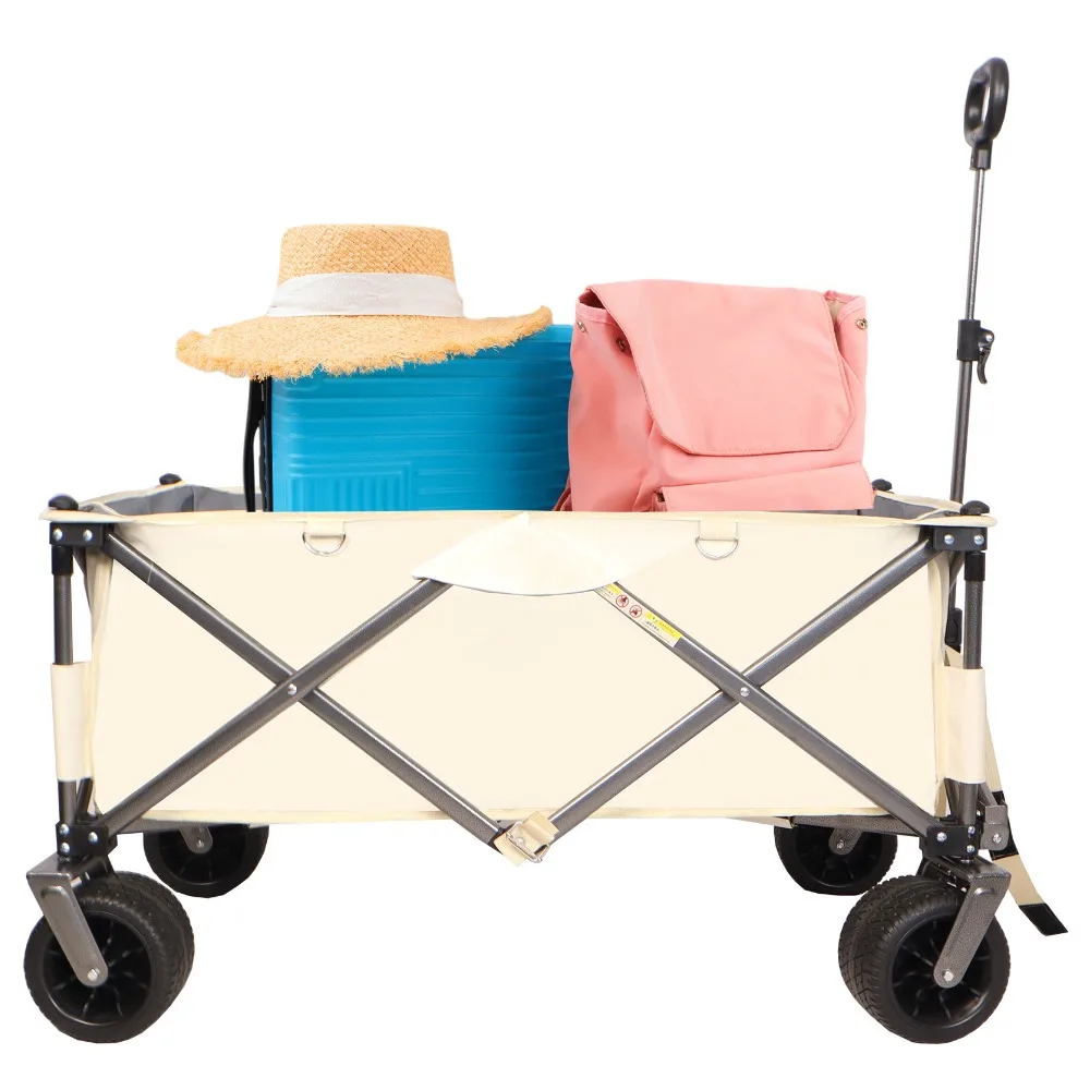 

Folding Wagon, Heavy Duty Utility Beach Wagon Cart for Sand with Big Wheels, Adjustable Handle&Drink Holders，Garden Carts