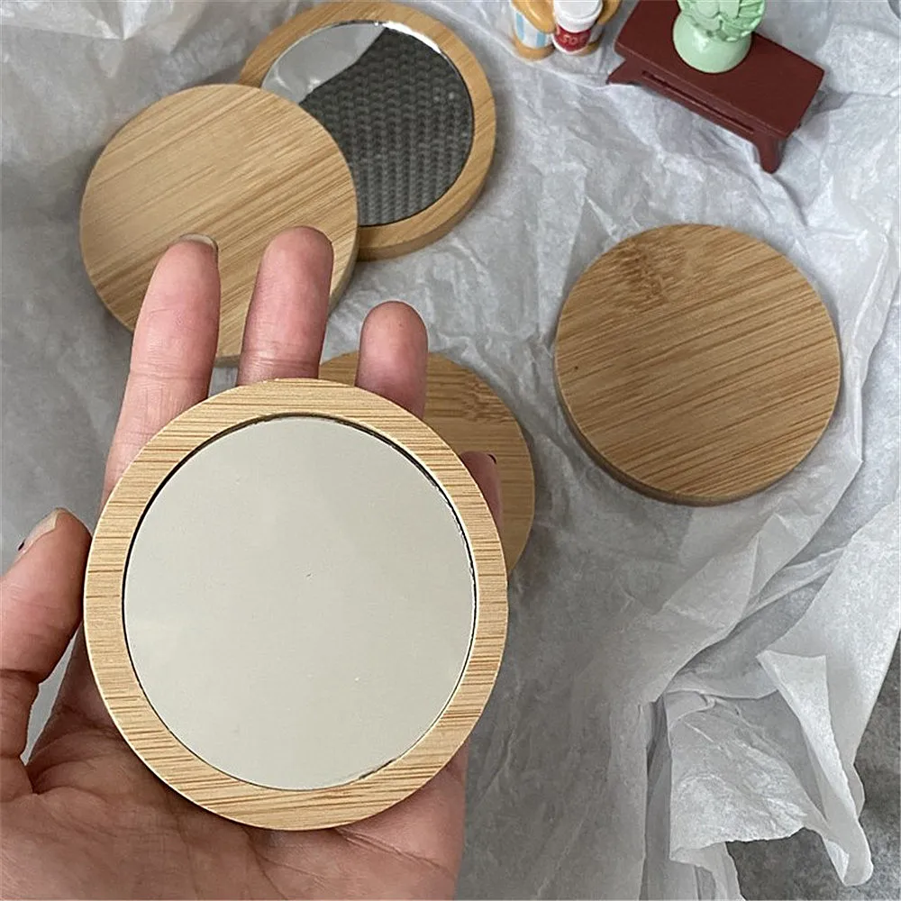 Wooden Makeup Mirror Portable Round Small Mirror for Women Travel Pocket Mirror Hand Compact Mirror Student Beauty Cosmetic Tool