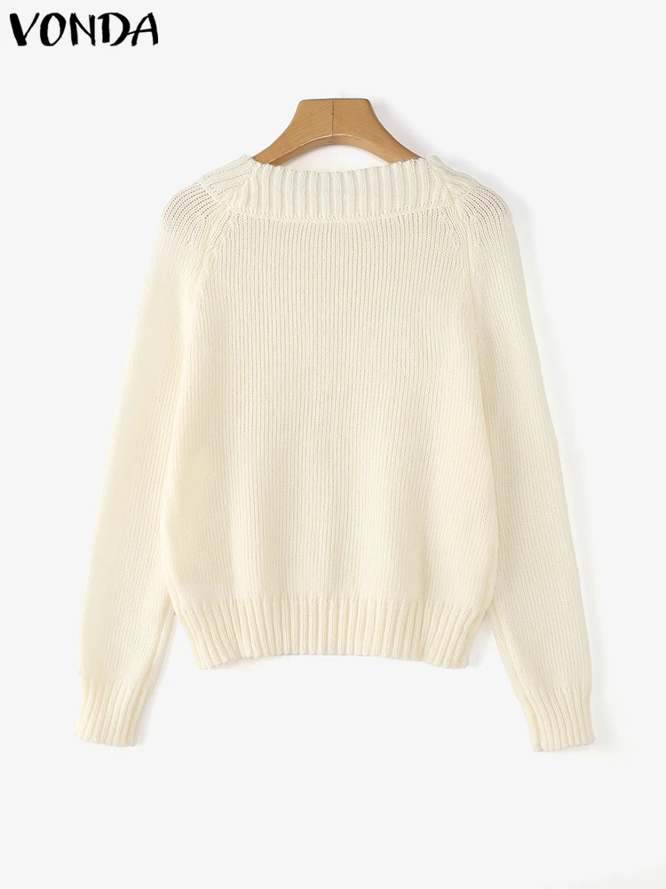 VONDA Knitted Pullovers Sweaters Women Fashion Jumpers 2025 Autumn Long Sleeve O-Neck Skew Collar White Tops Casual Knitwear