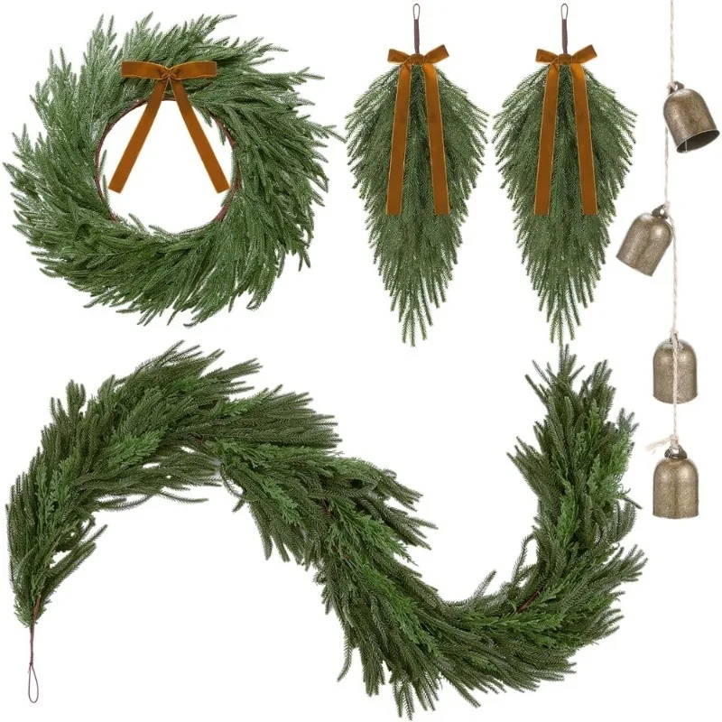 

6 футов искусственная рождественская сосновая гирлянда с 24 венами-каплями, золотые колокольчики, зелень, домашний отдых на открытом воздухе