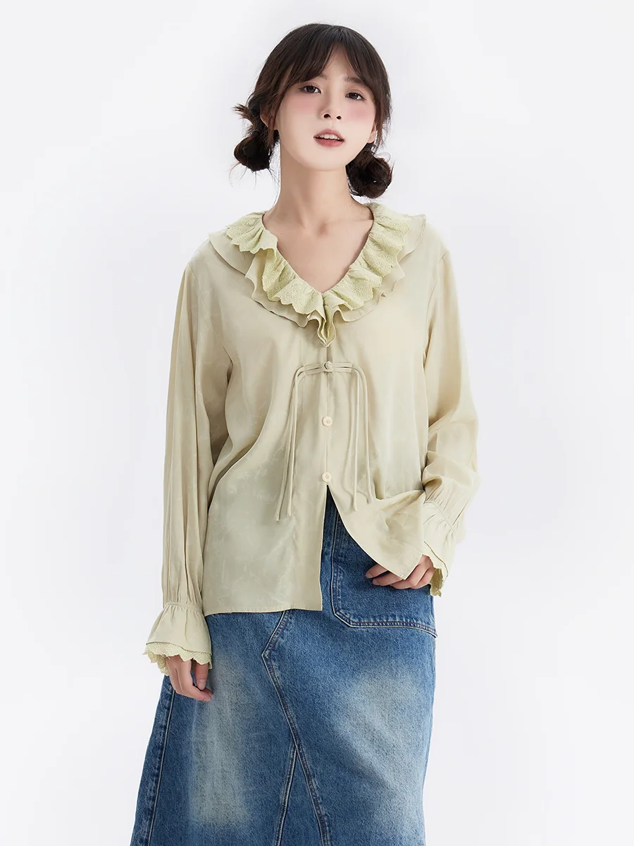 

Женская блузка YM3 с двойным кружевом, V-образным вырезом, длинными рукавами, в стиле ретро, на пуговицах, из качественной ткани, осенняя мода, прямой крой