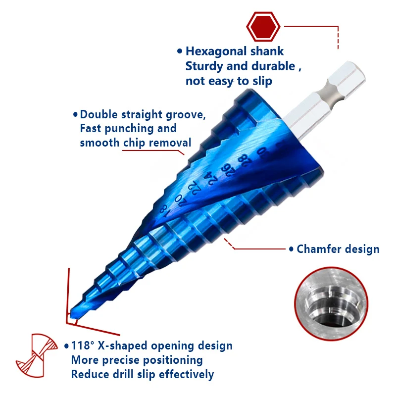 Imagem -02 - Broca Xcan-passo para Madeira e Metal Nano Azul Revestido Núcleo Hss Cortador de Buraco Broca Cone Ferramenta de Perfuração 312 4-12 420 a 32 1pc