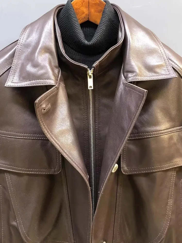 Designer Frauen Doppel Kragen Arbeit Jacke Vintage Schaffell Echtes Leder Jacke Herbst Lose Fit Motorrad Mantel Streetwear