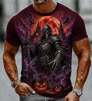 Herren Kurzarm-T-Shirt mit Rundhalsausschnitt, Halloween-Motiv mit Sensenmann, Kürbis und Fledermaus, lässige Party- und Streetwear-Oberteile – Detail 2