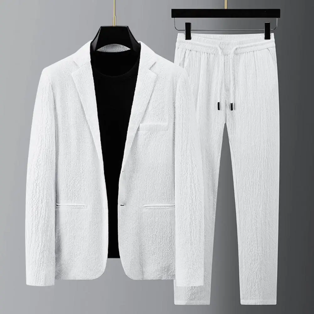 1 Set Stylish Blazer Pants Spring Summer Jacket Trousers Long Sleeve Turndown Collar Blazer Elastic Waist Pants  Pockets