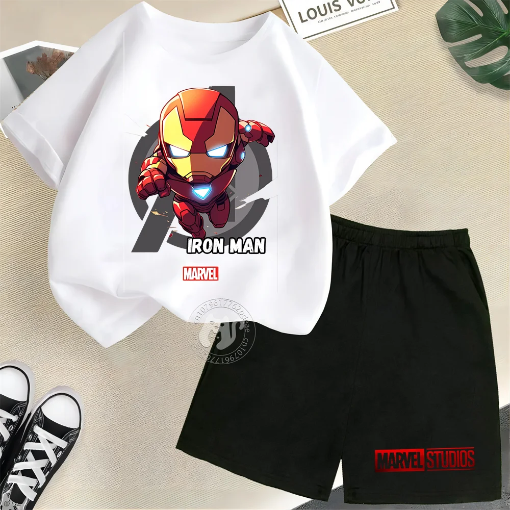 Superhero Kids Summer 100% Cotton Teen Crewneck T-shirt + Shorts Iron Man Print Boys Girls Comfortable Casual Suit   Disney Mick