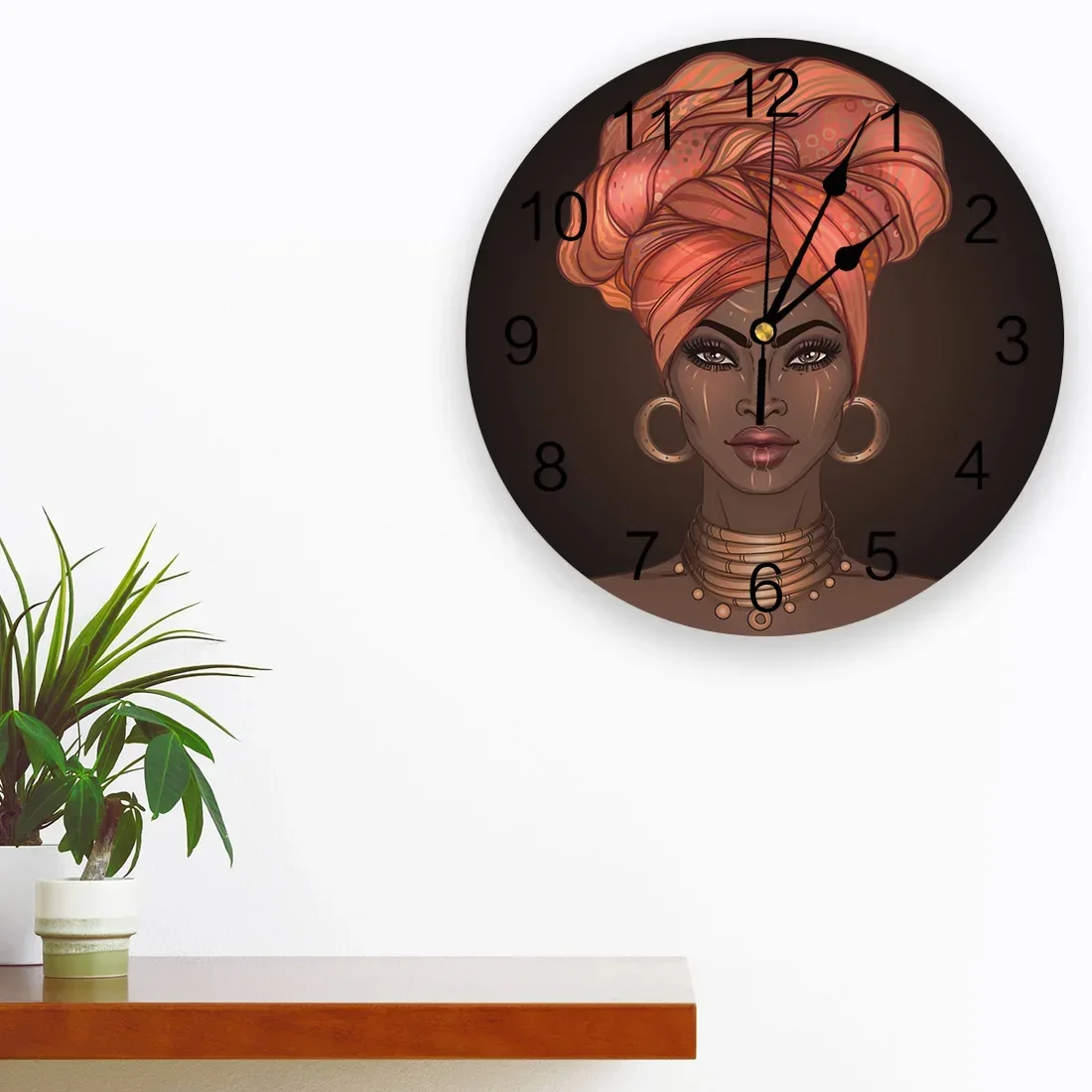 African Woman Headscarf Girl Earrings Living Room Clock Wall Round Clocks Decor Home Bedroom Kitchen Decoration