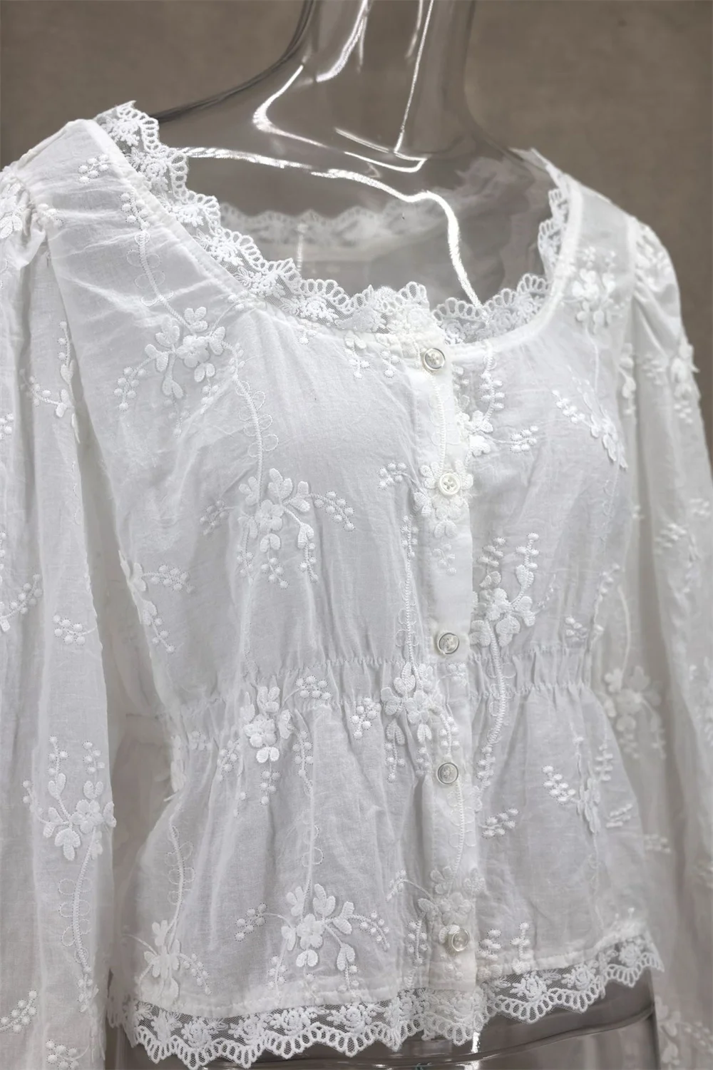 Sweet Embroidery Shirt for Women Spring Summer White Lace Long Sleeve U Neck Single Breasted Loose Elegant Lady Blouses