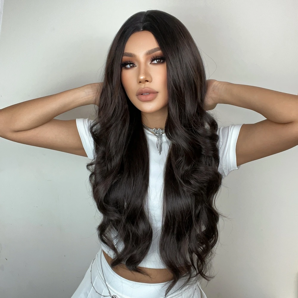 Black Synthetic Hair Wigs for Women Middle Part Long Beach Wave Daily Use Wigs Natural Looking High Temperature Fiber