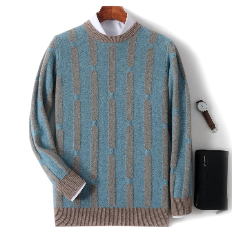 Autumn And Winter New 100 Wool Round Neck Color Matching Thickened Casual Loose Sweater Pullover Cashmere Knitting Bottoming