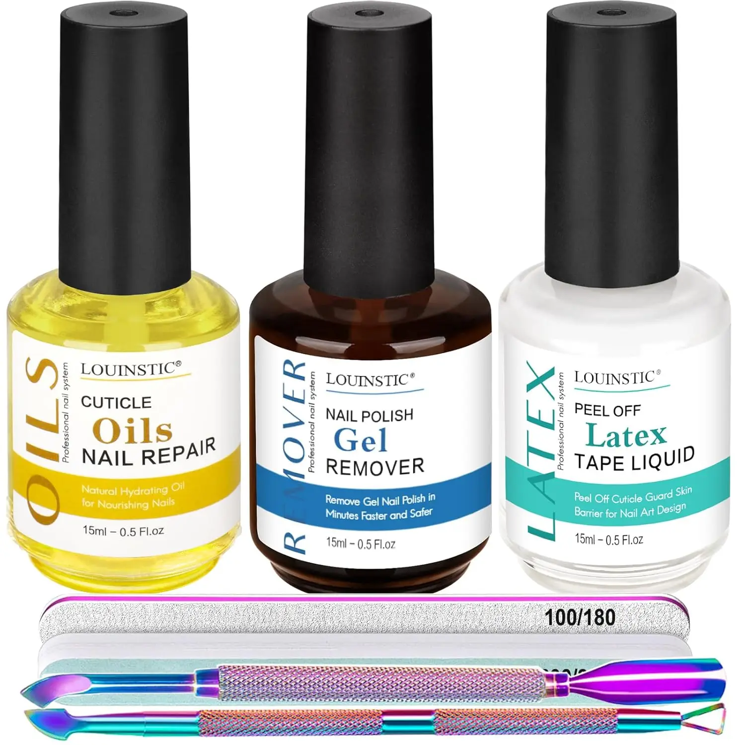 

Gel Nail Polish Remover Kit with Cuticle Oil, Latex Tape & Tools - Fast 2-5 Min No Soak