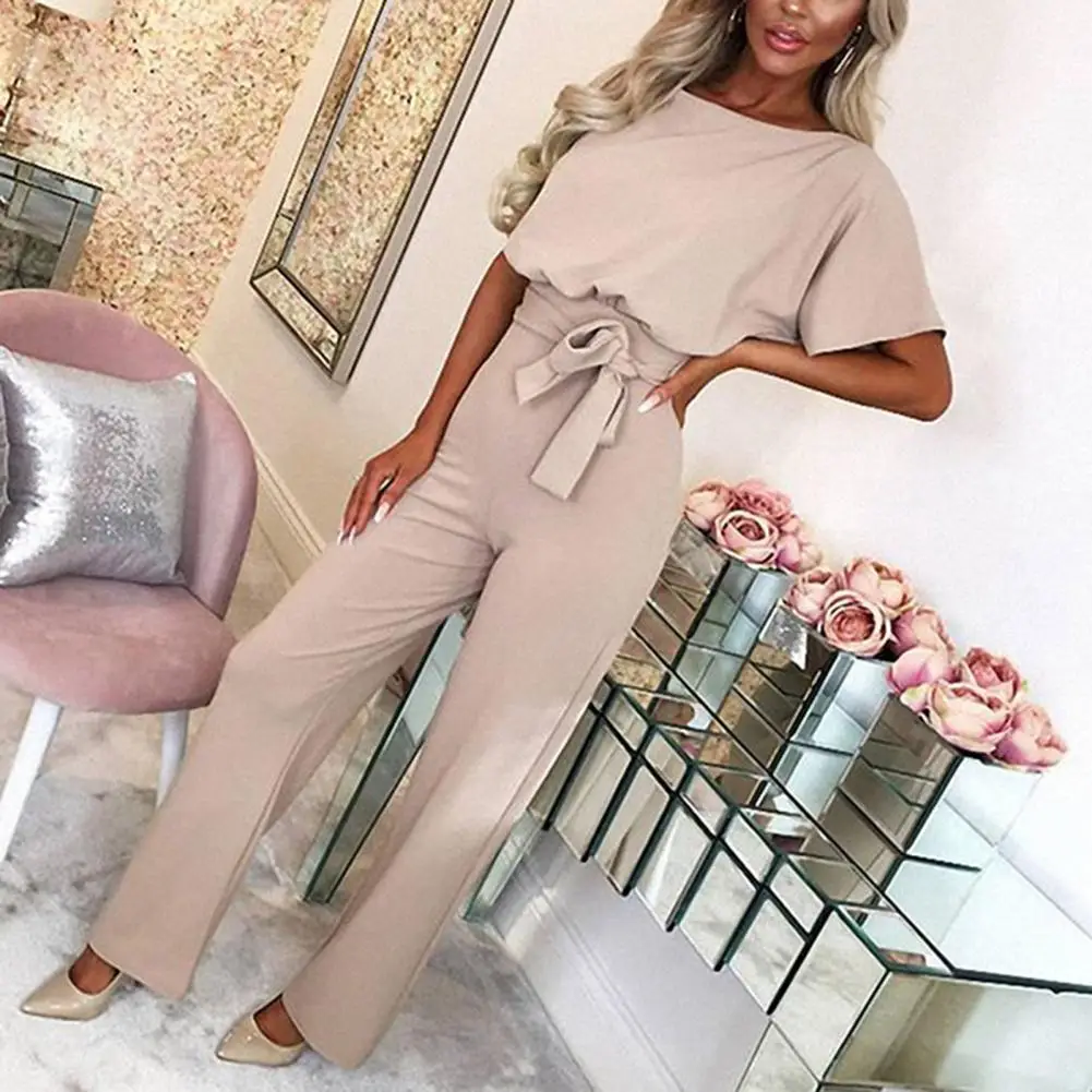 Jumpsuit wanita lengan pendek kasual, Jumpsuit longgar, lengan pendek, Romper kasual Hollow Out, leher bulat, Jumpsuit wanita pinggang tinggi, musim panas