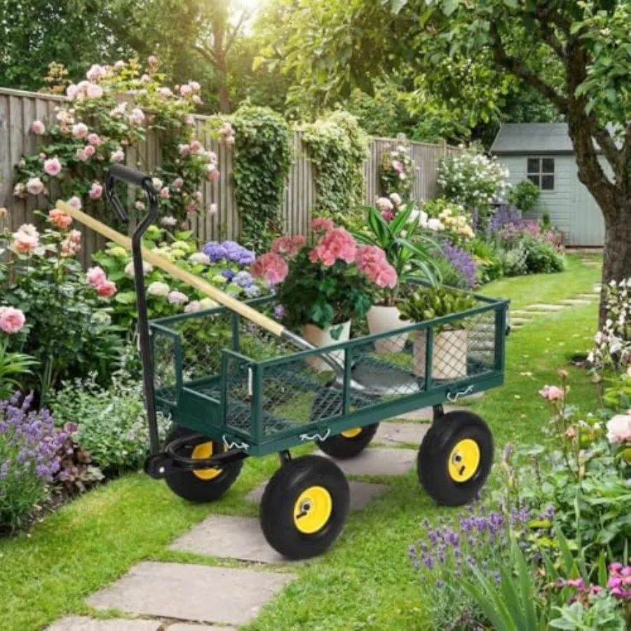 

Садовая тележка стальная усиленная 550 фунтов с поворотной ручкой на 180°, колесами 10 дюймов для любой местности, съемными бортиками, металлическая, для сада и двора