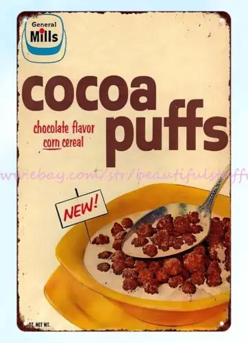 reproductions 1970s cocoa puffs chocolate flavour corn cereal metal tin sign