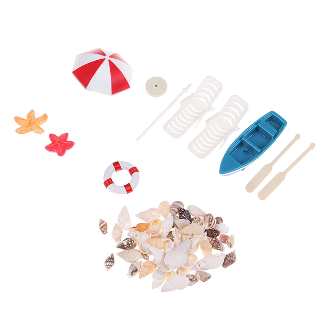 B24C-10Pcs/Set, tumbona en miniatura, sombrilla de playa, Kits de carcasa de barco para casa de muñecas, escenas de vida, accesorio de decoración
