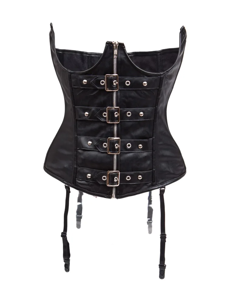 Women\'s Slimming Underbust Leather Corset Satin Waist Cincher Buckles Zipper Boned Bustier Top Open Bust Corset With G Strings