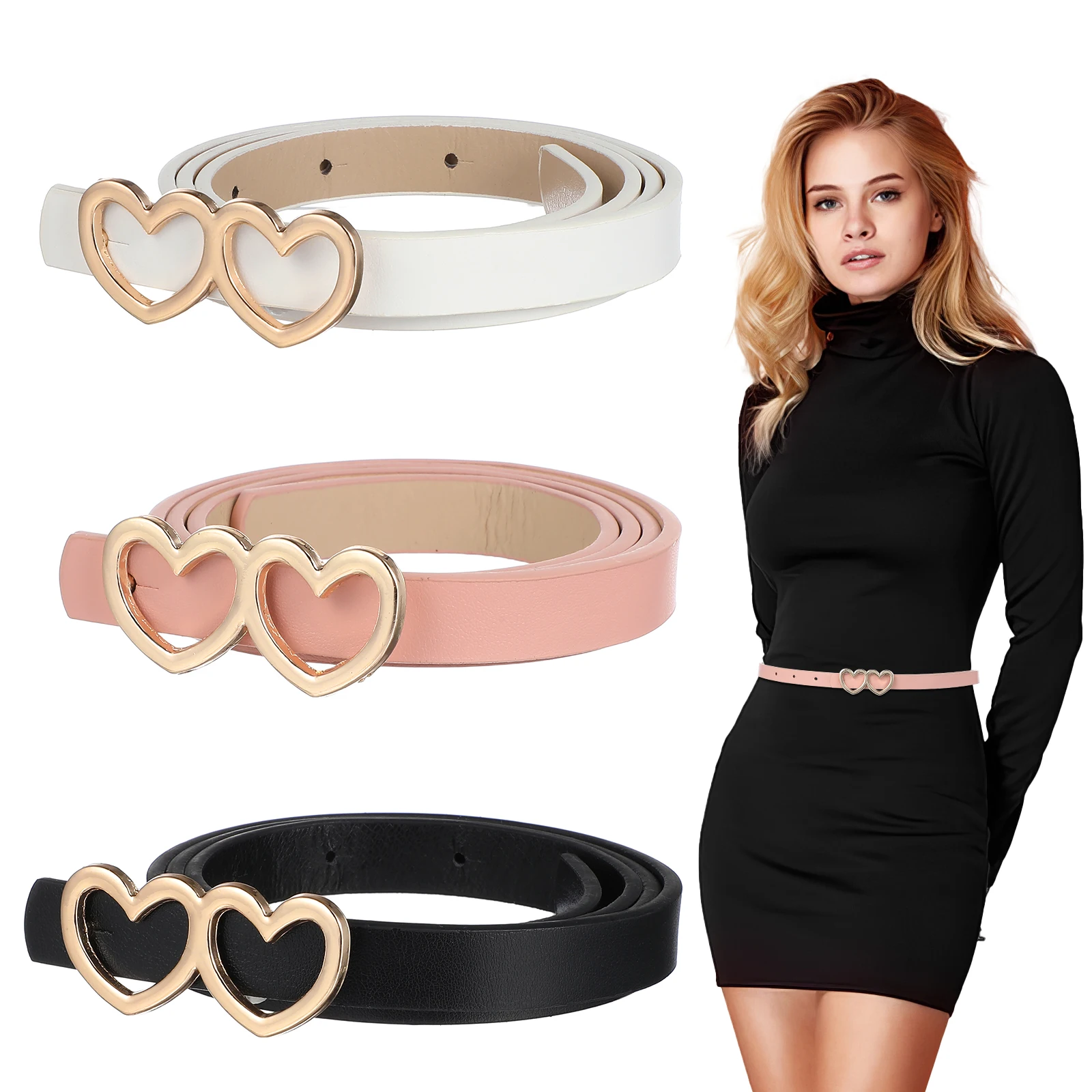 

3pcs Heart Buckle Waist Belts For Women Adjustable Thin Belt Dress Jeans Pants Girls Fashion Pu Belt Kawaii Heart-Shaped Buckle