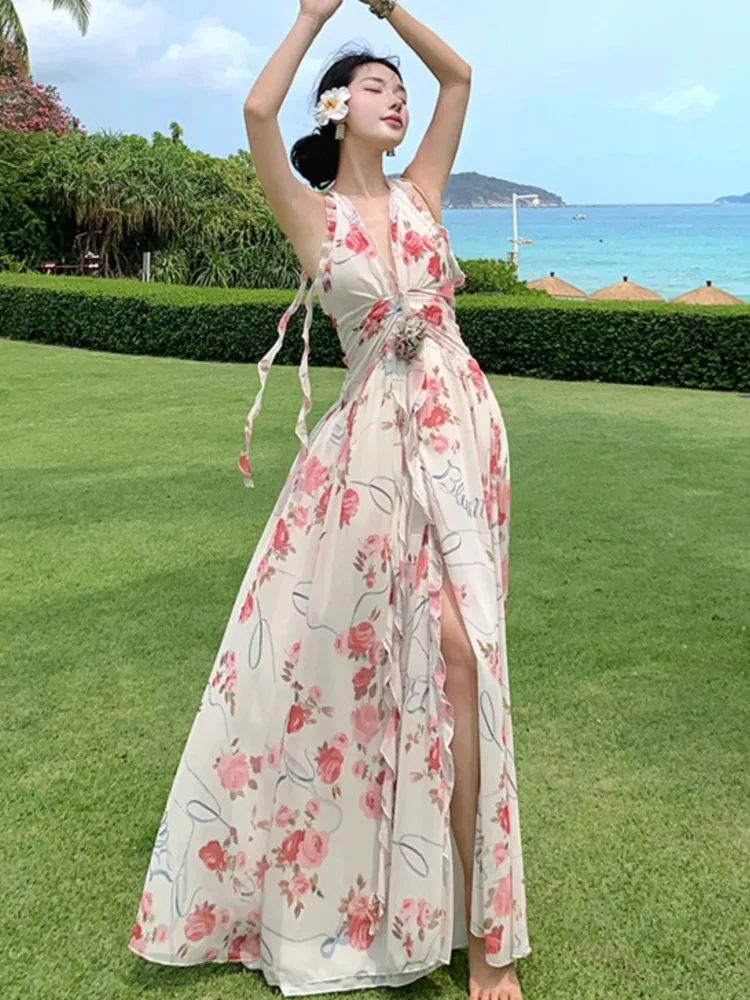 

French Print Split Halter Long Dress For Woman Elegant Vintage Lace Up V-Neck Backless Irregular Fairy Vestidos Summer Holiday