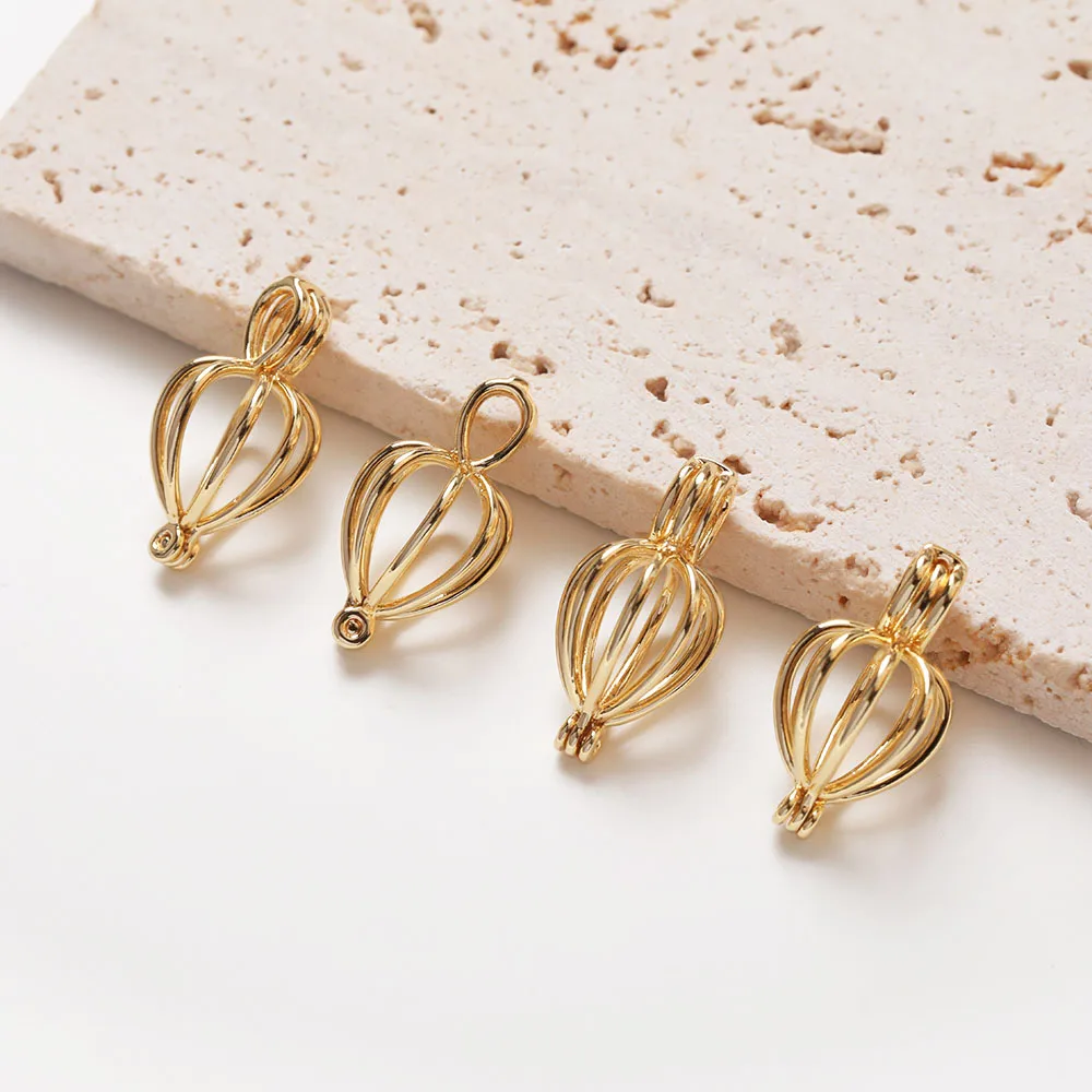 4PCS Hollow Out Pendant Can Contain Pearls Beads Jewelry Findings DIY Hand Made Brass 14k Gold Plated  Accessories 12*24mm
