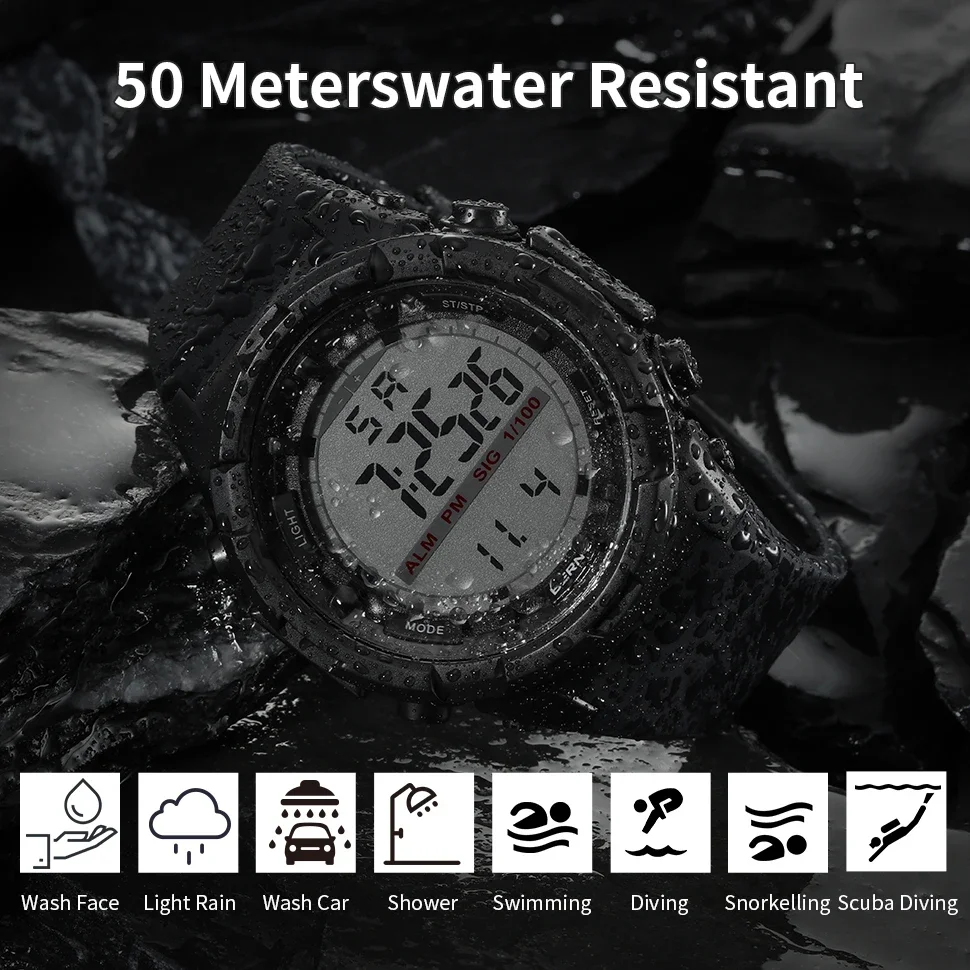 Digital Electronic Watch for Men Sports Super Luminous 49mm 5TM Waterproof Timekeeping Alarm Silicone Calendar Male Watch