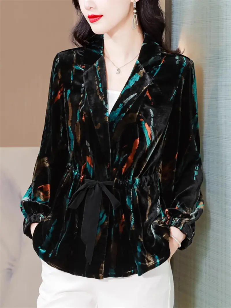 

2025 Luxury Gold Velvet Blazer Women's Long Sleeve Slim-Fit Autumn Winter Elegant Office Jacket Mother's Vintage Cardigan G795