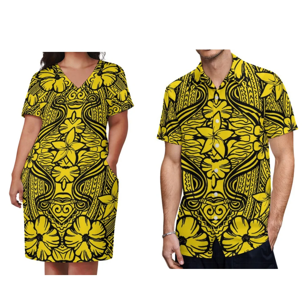 

Couples Clothing Summer Short Sleeve High Quality Dress Women's Dress Men's Shirt Home Casual Wear Custom Polynesia