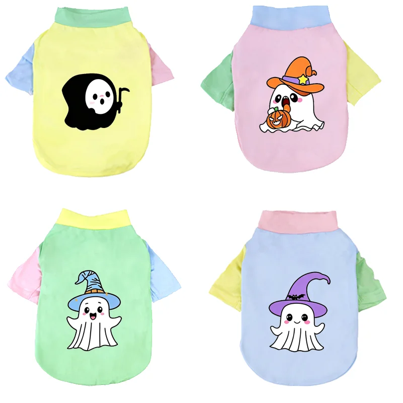 Halloween Ghost Graphic Print Dog T‑Shirt  Splicing Pet Tee Cute Spooky Holiday Party Costume Outfit For Small Medium Puppy