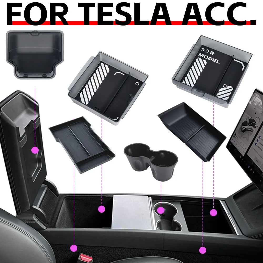 Armlehnen-Organizer-Tablett passend für Tesla Model Y Juniper 2026 Model Y L 6-Sitzer, durchsichtige ABS-Box, 2/4/6-teiliges Silikonmatten-Set