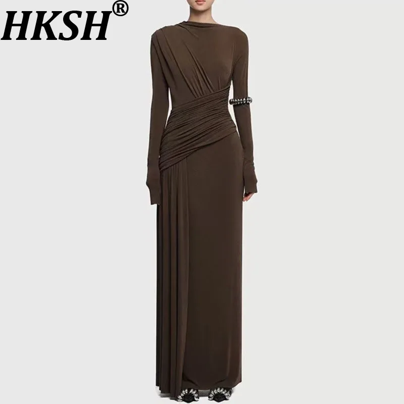 

HKSH Autumn New Women Elegant Fashion Stylish Solid Color Long Sleeve Waist Cinching Slimming Pleated Gown Evening Dress HK8101