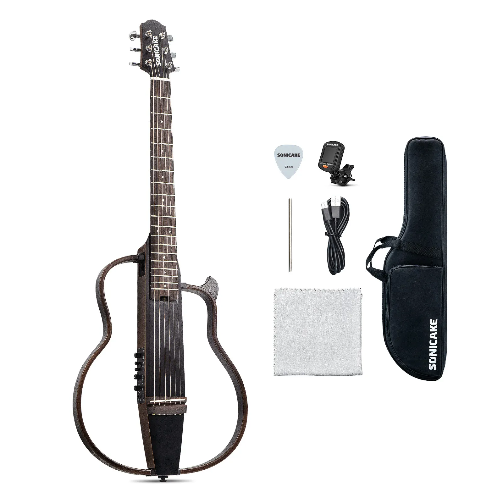 

SONICAKE бесшумная акустическая электрическая дорожная гитара, корпус из цельного красного дерева, монтажные рамки, перезаряжаемая сумка для предусилителя, все аксессуары