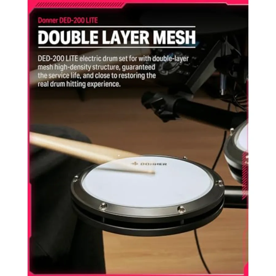 Electric drums for beginners: DED-200 LITE electronic drum kit with 450+ sounds, USB MIDI, quiet black mesh pads, included thro