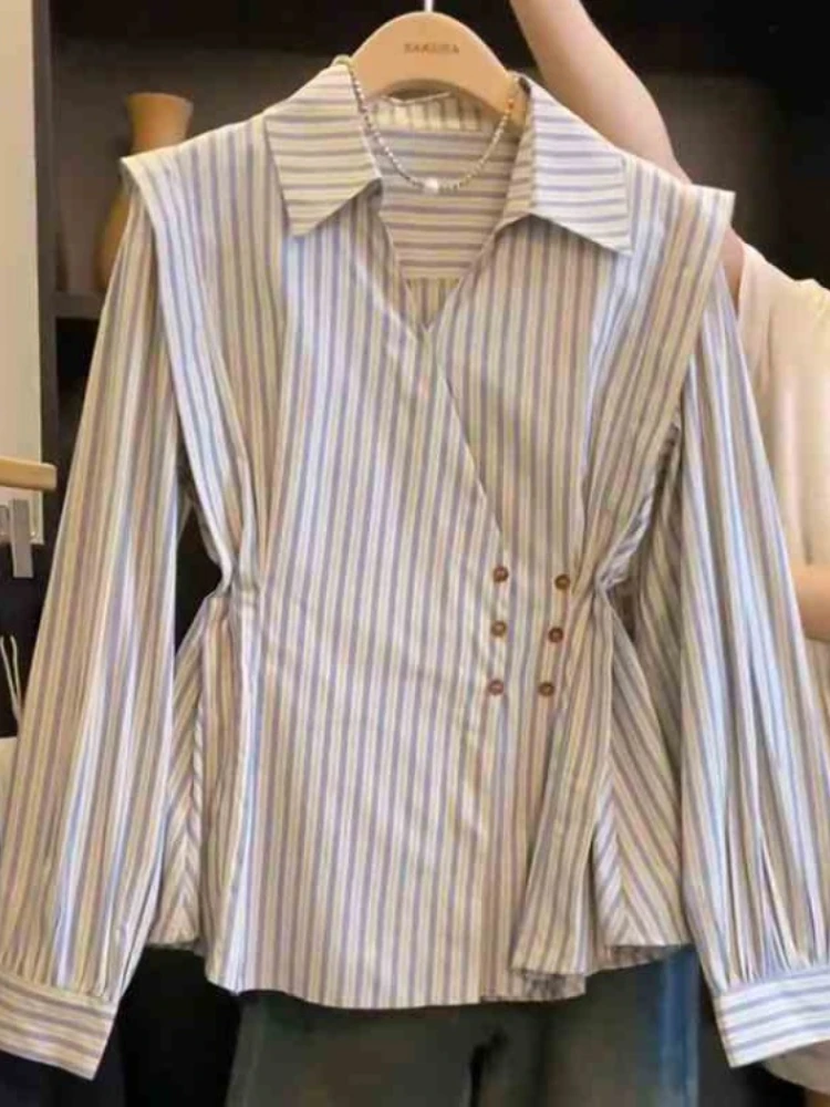 

Elegant Simple Lapel Neck Striped Shirt Women Autumn Winter Lazy Style Blusas Mujer Vintage Fashion Slim Waist Blouses