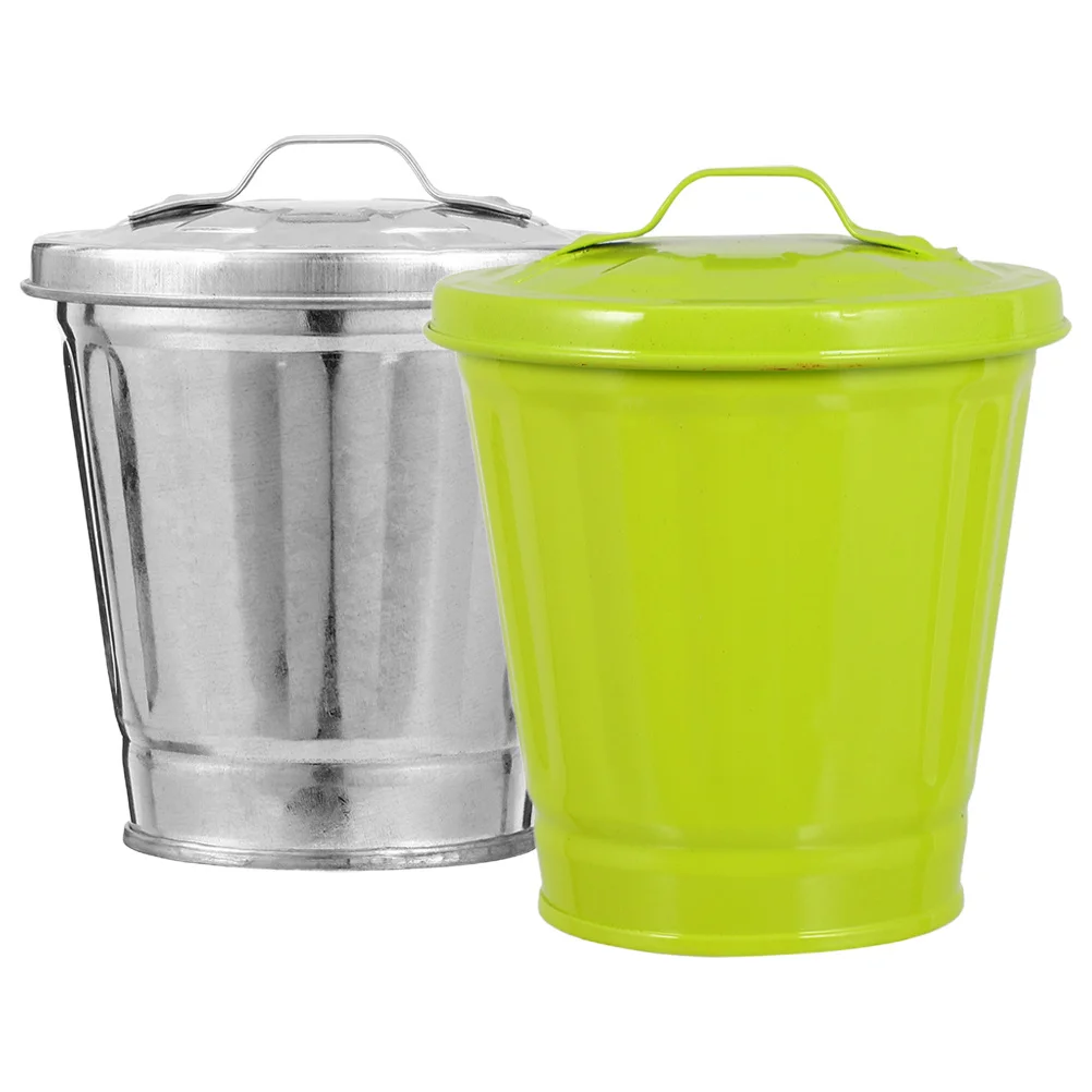 

2pcs Metal Desktop Trash Can With Lid Small Waste Bucket Office Pen Holder Storage Bin For Home Desk Garbage Container