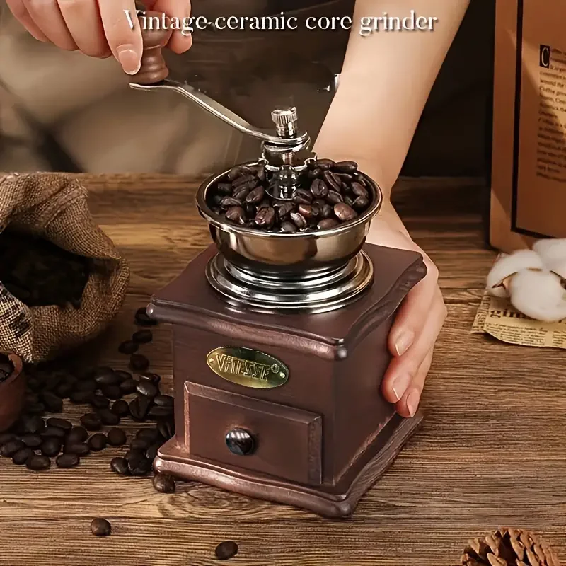 1set Wooden Vintage Manual Bean Grinder Press Pot Set Coffee Home Handheld Coffee Bean Grinder Gift Box Set Of Boutique Kitchen