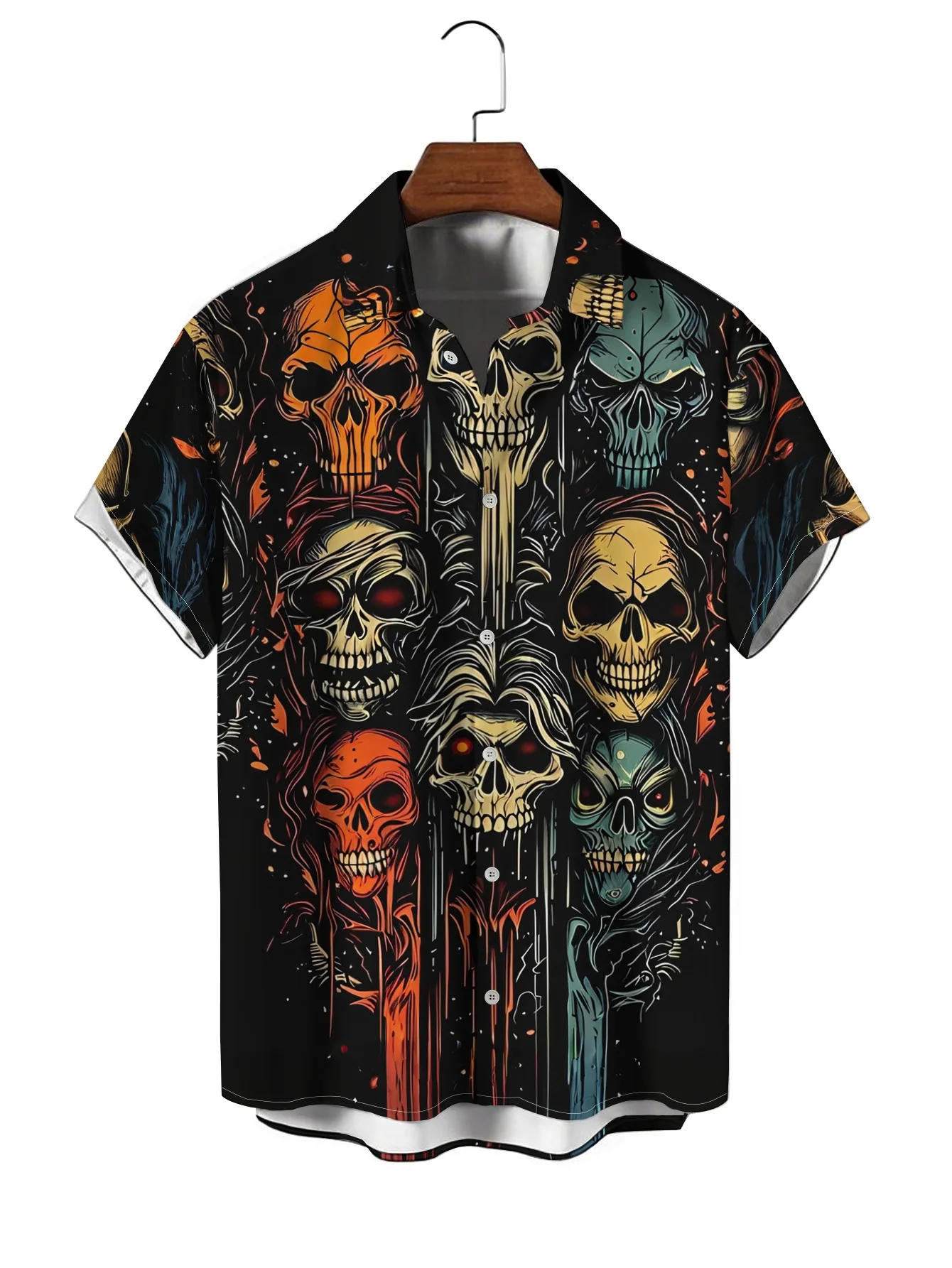 Men Short Sleeve Button Down Shirt Multi‑Color Skull Horror Print Polyester Halloween Casual Blouse