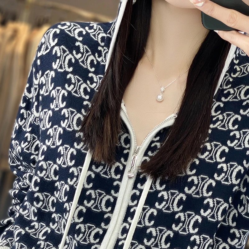 2023 Autumn New Knitted Cardigan Women\'s Long Sleeved Hooded Zippered Cardigan High Quality Printed Style Slim Knitted Cardigan