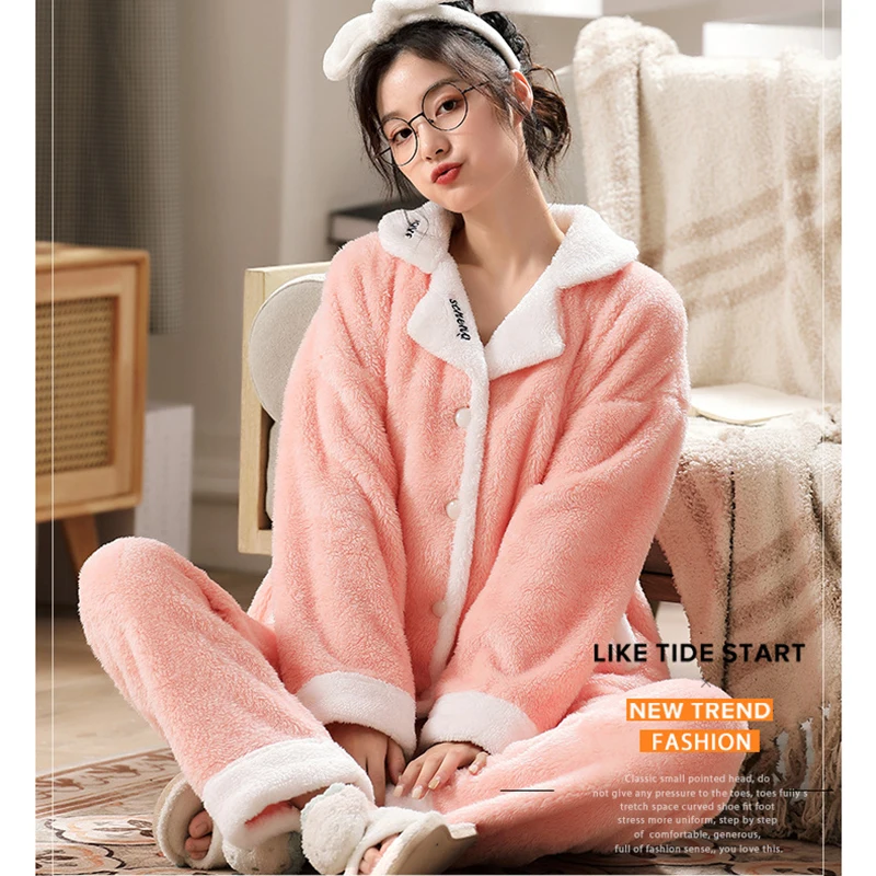 

2022 New Winter Womens Thicken Plush Fleece Pajamas Set Flannel Warm Cozy Sleepwear Button Down Lounge Sets Loungewear Nightwear