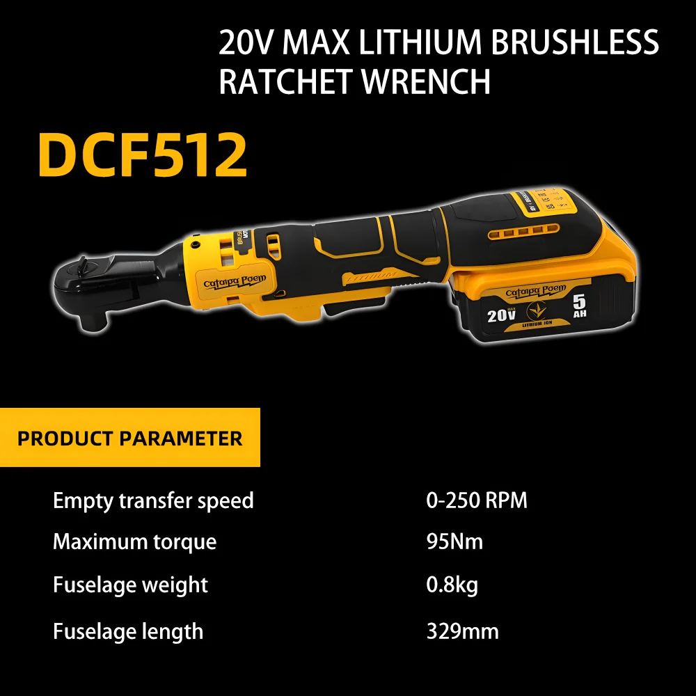 Gado-Chave de catraca elétrica, Chave de impacto sem fio sem escova, Ferramenta recarregável, Bateria de lítio 20V, 512 Poema, High Torque 95N.m