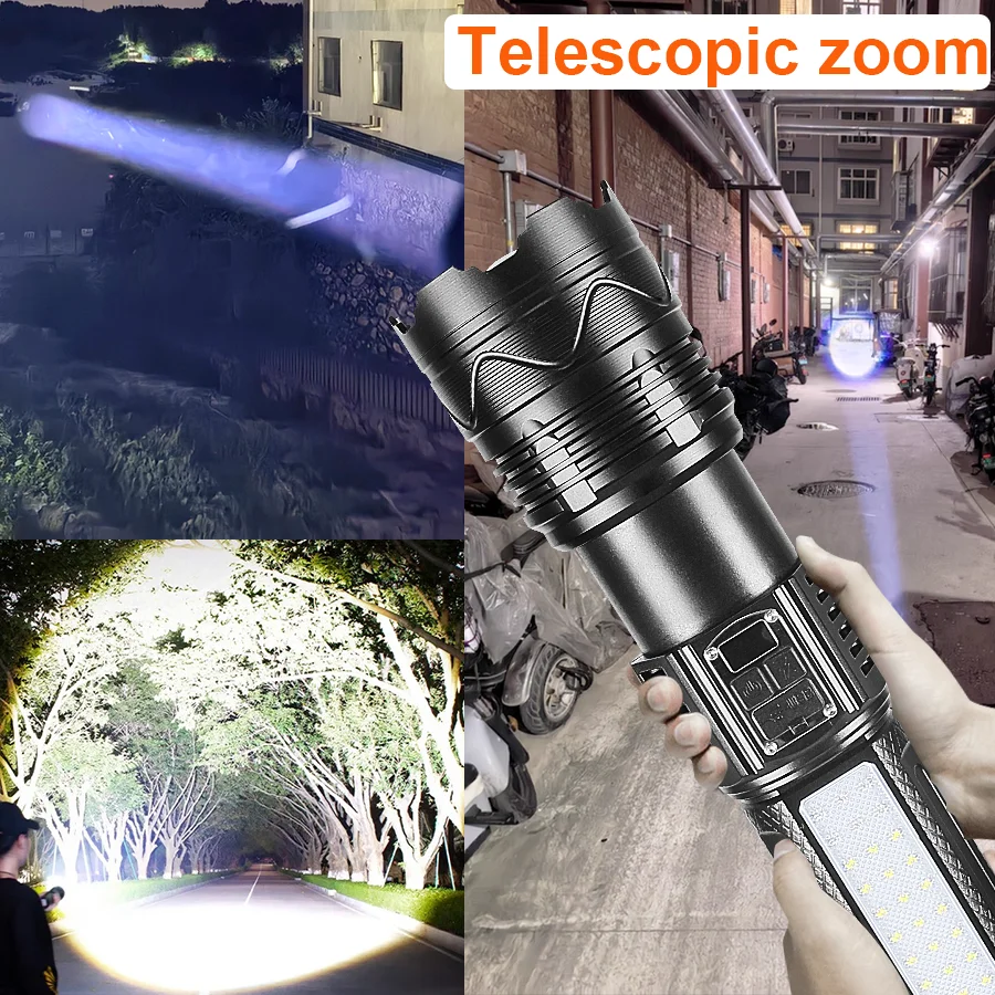 Super Bright Spotlight Long Range LED Flashlight With Side Light 1500W Rechargeable Lamp Tactical Torch Zoom Waterproof Lantern
