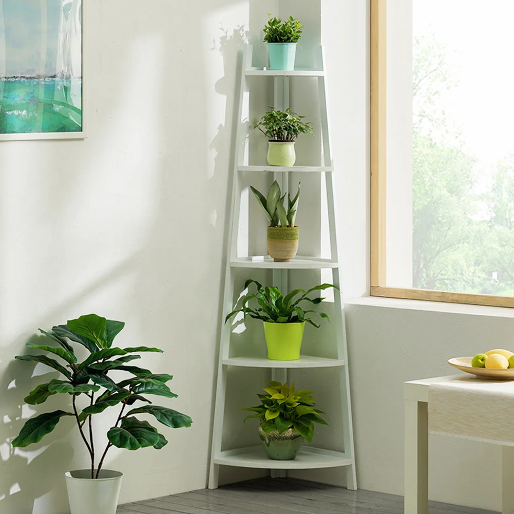 5 Tier Ladder Corner Bamboo Wood Flower Plant Stand, White