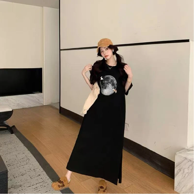 Jupe T-shirt ample mi-longue avec fentes, style coréen, décontracté, en Polyester, ort Sve, Tube droit, h-ape Dr