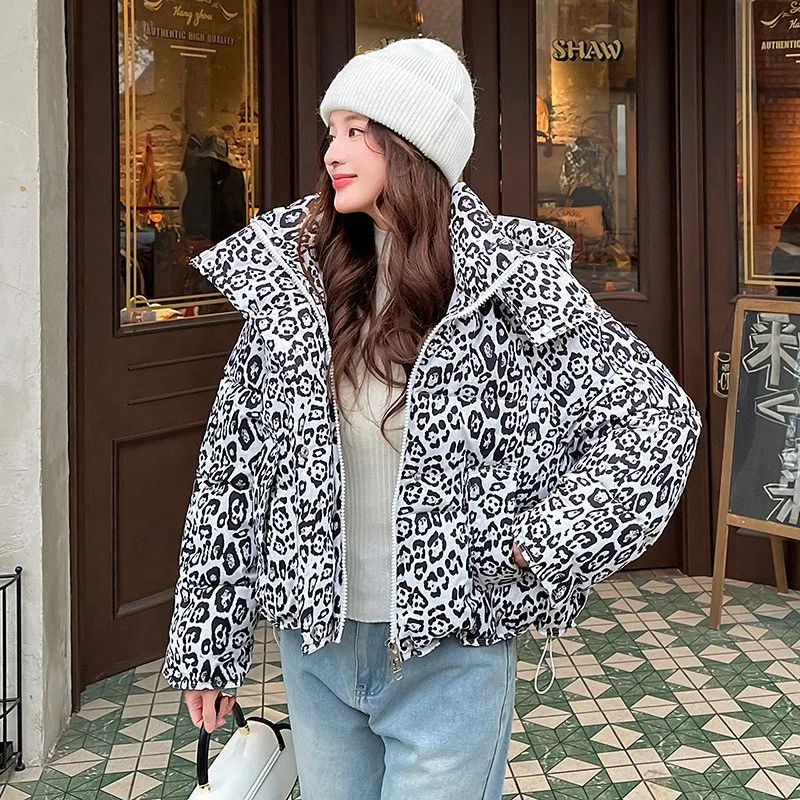 Cross-border Autumn Winter Fashion New American Leopard Print  Coat Women's Thickened Short Stand-up Collar Jacket Cotton Coat
