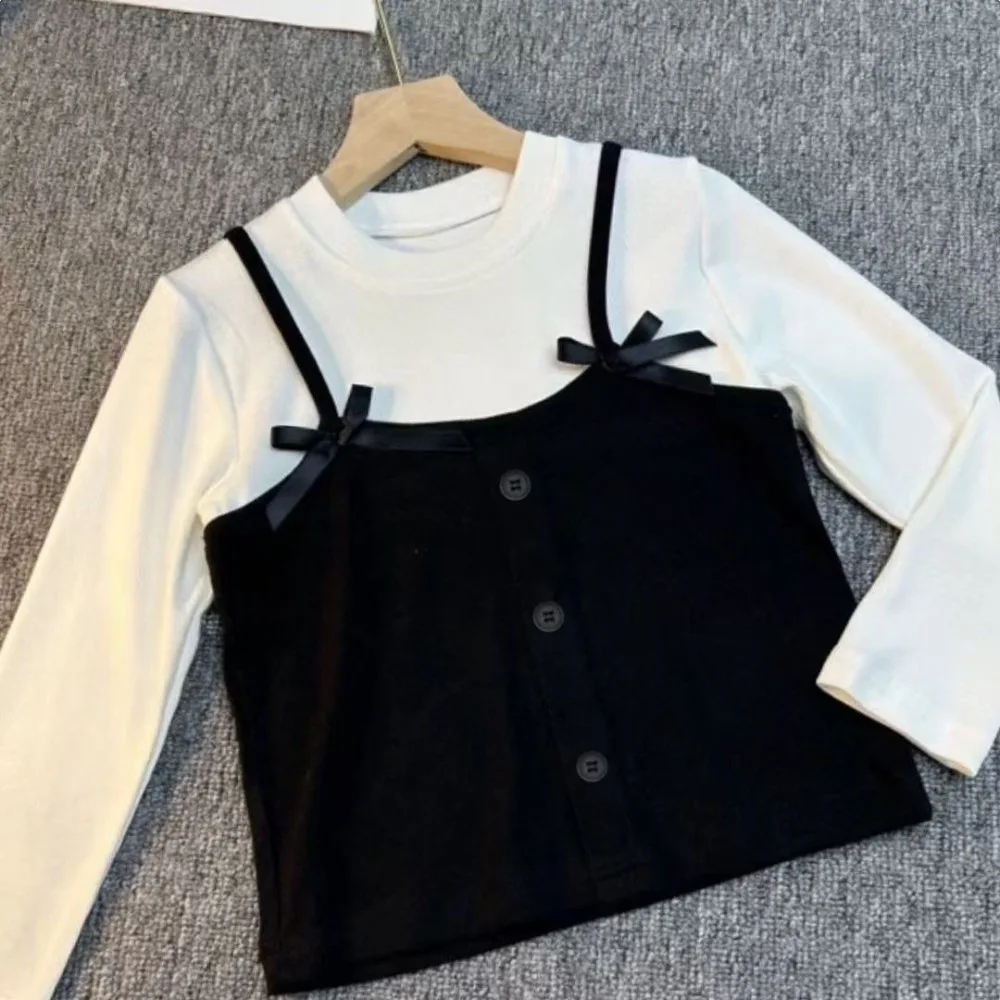 

Casual Korean Style False Two-piece Top Princess Bow Long Sleeve T-shirt Elegant Base Shirt Daily Outfit