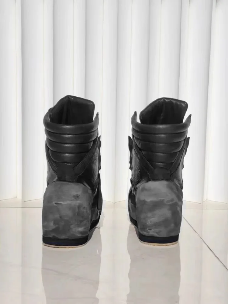 Gothic Design Men Cowhide Genuine Leather Ankle Boots Work Safety Shoes Vintage High Top Thick Platform Height Increasing Boots