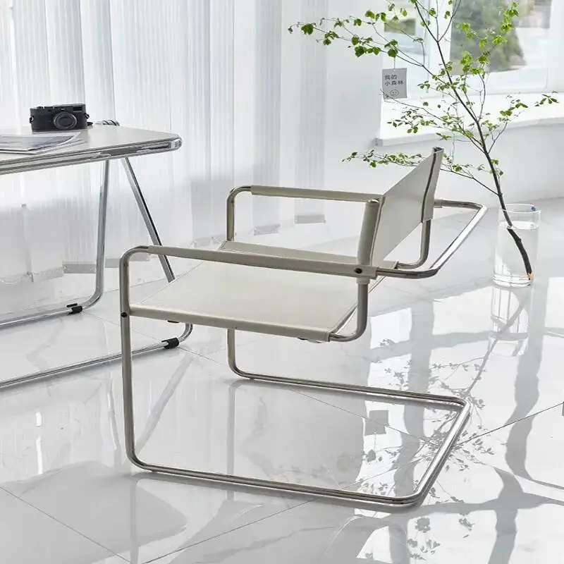 Room Marcel Breuer Style Modern Armchair Stainless Steel Frame Leather Dining Upholstered Accent Chair for Office Living Room