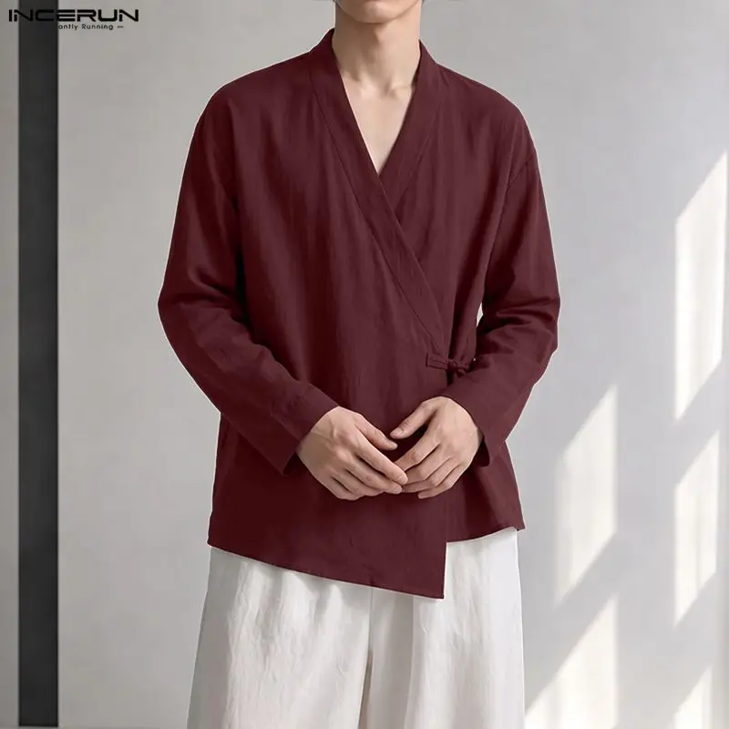 INCERUN Herrenhemd, einfarbig, V-Ausschnitt, lange Ärmel, Schnürung, Herrenkleidung, Streetwear, lockere Oberteile, Vintage, lässige, unregelmäßige Hemden für Männer