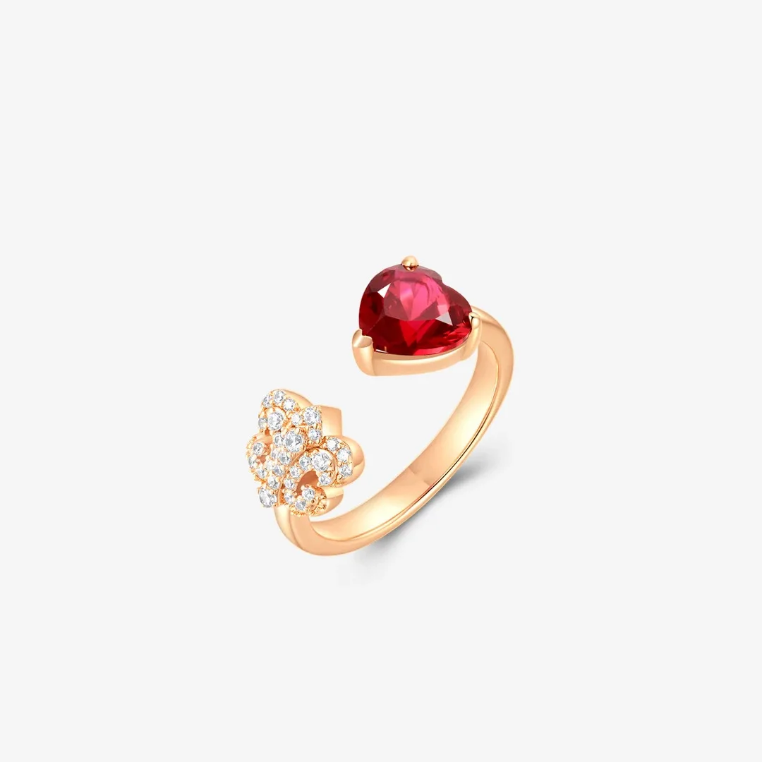Women Open Band Ring, New Red Heart Iris Micro Pave Cubic Zirconia, Light Luxury Niche High Grade Fashion Finger Jewelry Gift
