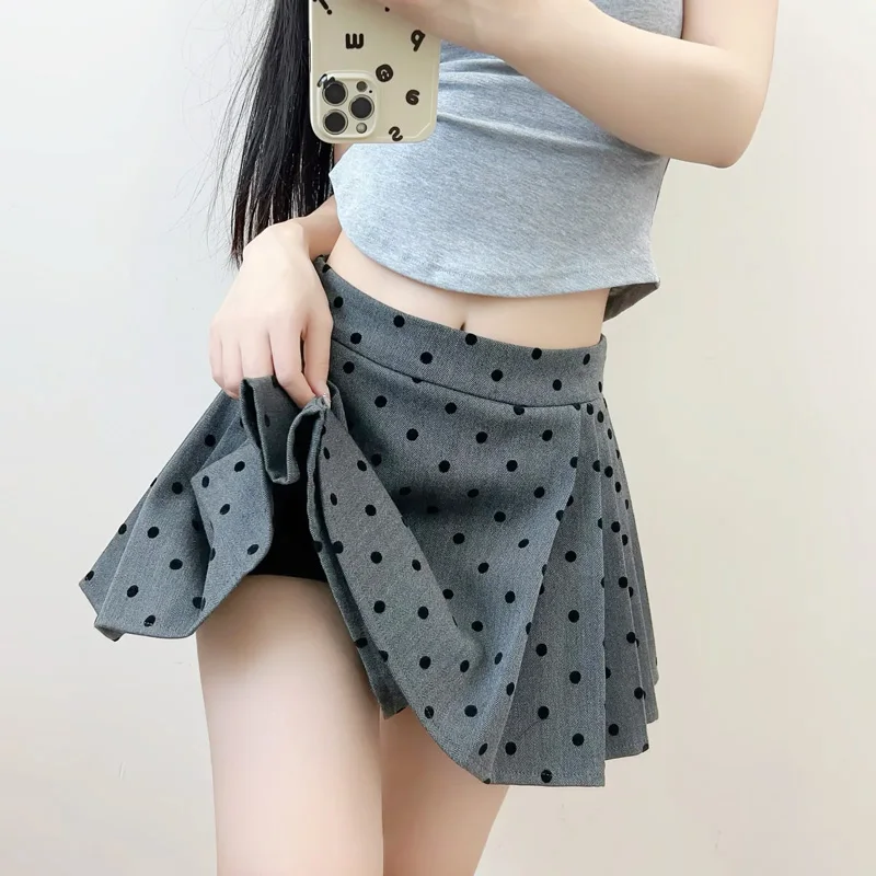 Women Polka Dot Flock Pleated Mini Skirt