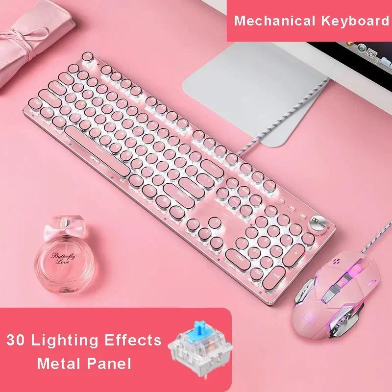 Imagem -02 - Teclado e Mouse Gamer com Fio Led Backlit Tamanho Completo Interruptor Rosa e Azul 104 Chaves para Desktop e Laptop