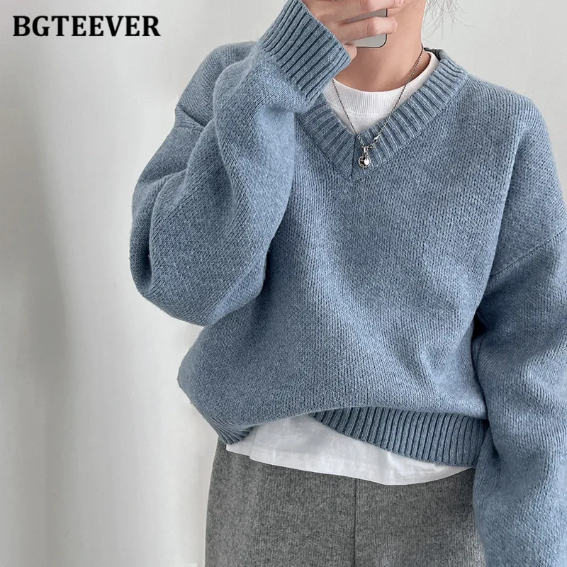 BGTEEVER Casual V-neck Warm Knitted Sweaters for Women Long Sleeve Loose Female Pullovers Jumpers Autumn Winter